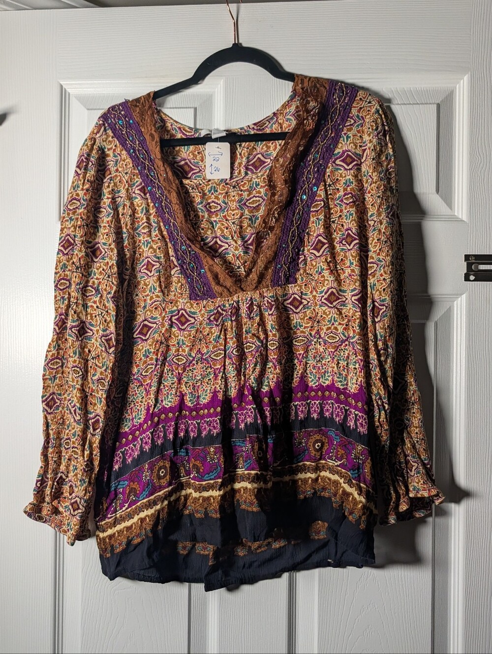 Boho Paisley Embellished Tunic Top Long Sleeve Purple Teal Rayon Size L